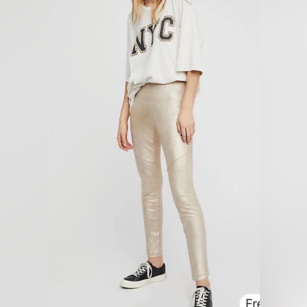 Free People Shimmering Gold faux leather Leggings size small /25